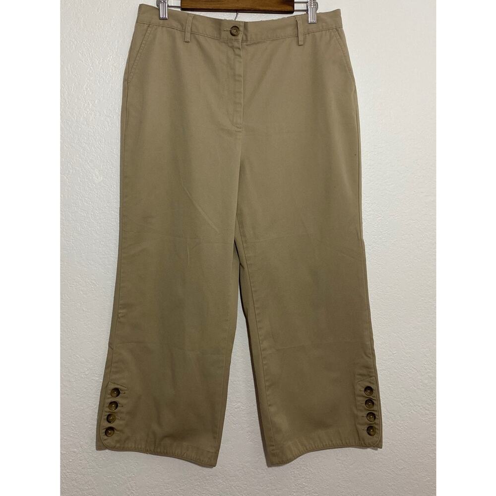 VTG Lands' End Sz 14 Brown Khaki Wide Leg Capri Side Button Elastic Waist Casual